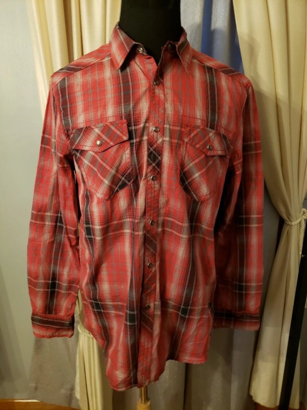 INC International Concepts Large Snap Button Up Red Plaid Shirt Long Sleeve